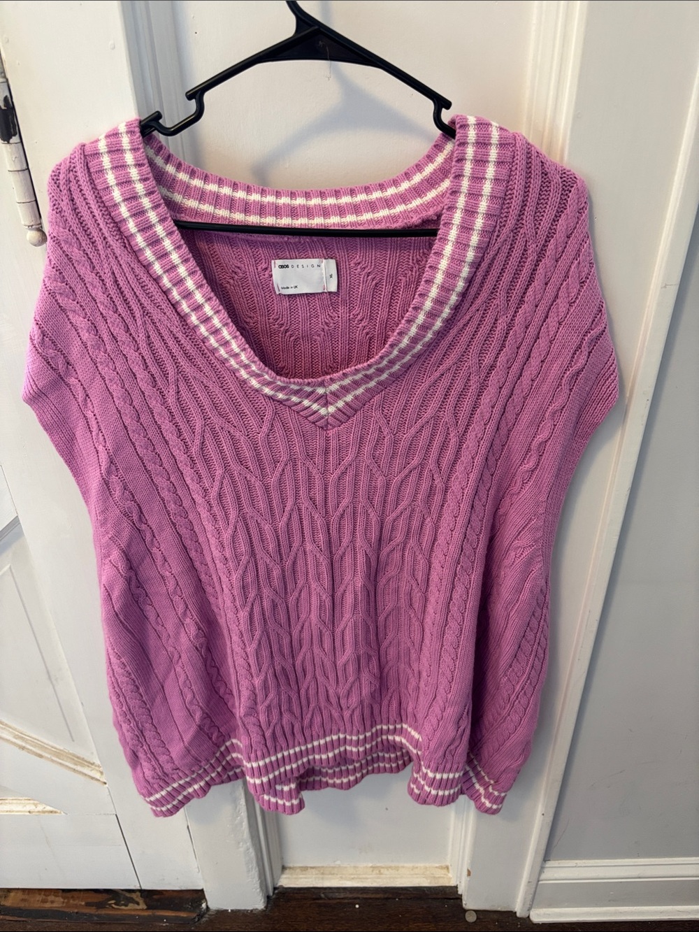 Kohl's Pink Cable Knit V-Neck Sweater with Cream Trim
